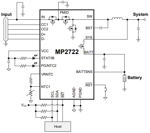 Application Circuit Diagram - Monolithic Power Systems (MPS) MP2722 NVDC Buck Chargers